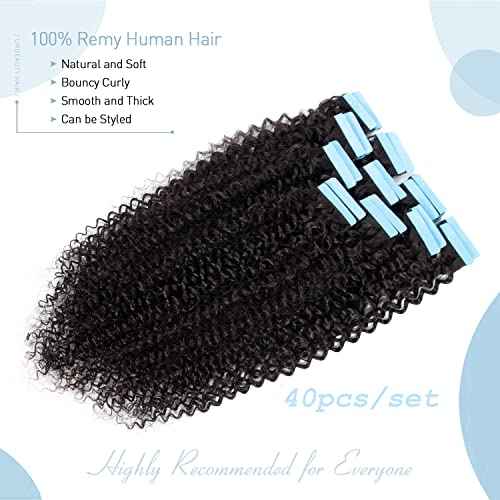 Urbeauty 40 Pcs Kinky Curly Tape in Hair Extensions - Human Hair, Black, Semi Permanent, Invisible Tape Attached