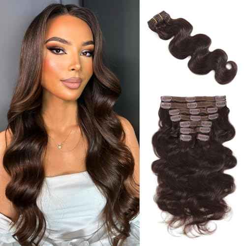 Dark Brown Clip in Hair Extensions Real Human Hair 8Pcs 130g with 18 Clips Body Wave Human Hair Clip in Extensions for Women Full and Thick Brown Wavy Human Hair Extensions (#2,22 Inch)