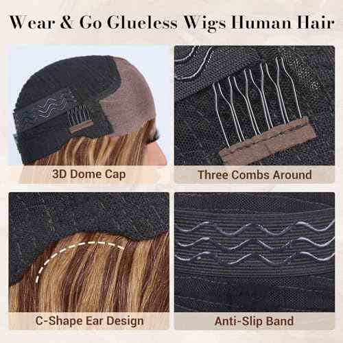 LuAiJa Ombre Brown Loose Wave Glueless Wigs Human Hair 9x6 Highlight Deep Wave Wear and Go Glueless Wigs Human Hair Pre Plucked Pre Cut 16 inch Blonde and Brown Lace Front Wig 200% Density