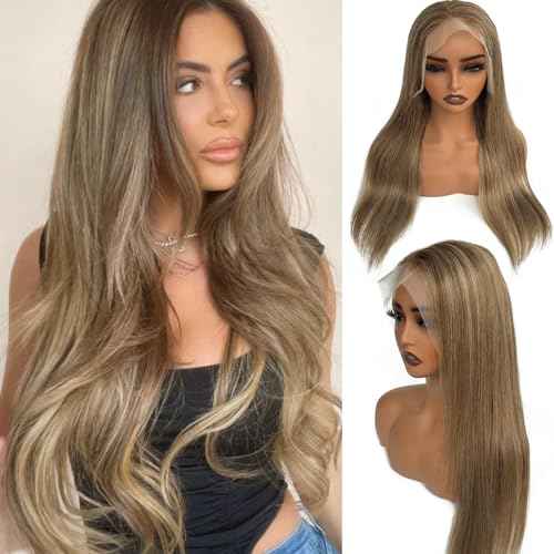 Highlight Lace Front Wig Human Hair Thick 180% Density Straight 13x6 HD Transparent Lace Frontal Wigs Light Brown to Ash Blonde Highlights Wigs Virgin Hair Colored 22 Inch
