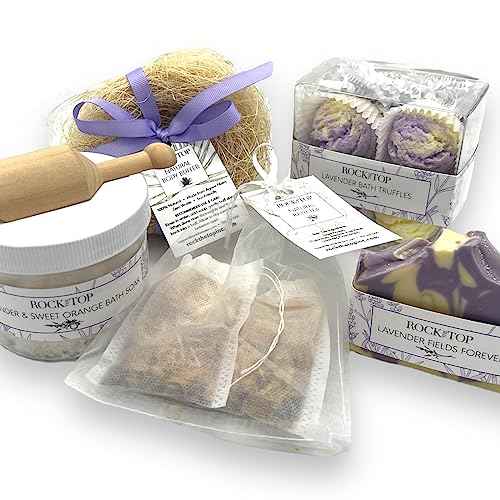 USA Made | 6 Lavender Self Care Gifts for Women, Bath Bombs (Truffles), Plant Based Dry Brush Body Brush Loofah, Epsom Salt Bath Soak, Handmade Soap, Herbal Bath Tea, Self Care Gift Box.