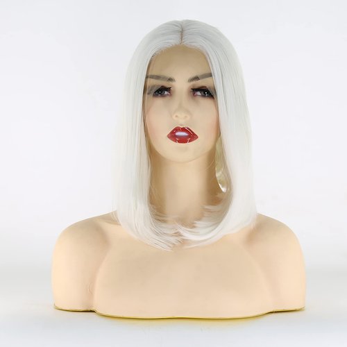 BTWTRY White Color Synthetic Lace Front Wigs Short Hair Style Heat Resistant Fiber Bob Wig for Black Women Middle Part Cosplay Wig (12inch, Snow White)