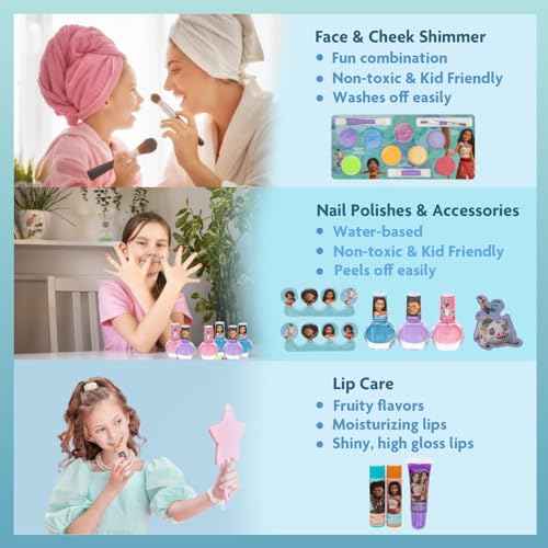 Moana 2 Train Case Beauty Set, Kids Makeup Kit for Girls, Real Washable Makeup Set, Play Makeup, Party Favor, Birthday, Ages 3 4 5 6 7 8 9 10 11 12 by Townley Girl
