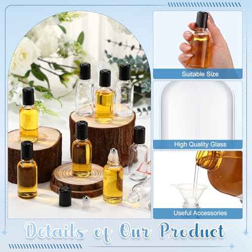 Sumind 12 Pcs 30ml Roller Glass Bottle Essential Oil with Stainless Steel Refillable Sample Container Brown Empty Roller Bottle Applicator with Funnel Sticker for Travel(Clear)