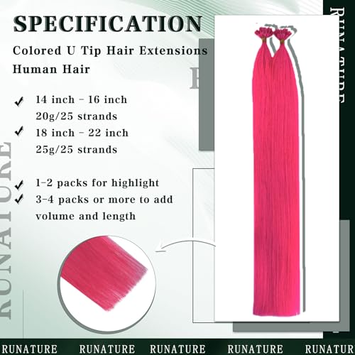 RUNATURE Keratin Tip Extensions U Tip Hair Extensions Human Hair Utip Human Hair Extensions Hot Pink K Tip Extensions Real Human Hair Prebonded Hot Fusion Hair Extensions for Highlight 20 Inch 25g 25s