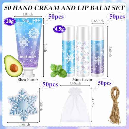 50 Set Christmas Winter Snowflake Hand Cream Lip Balm Bulk Set Woman Christmas Gift Include 50 Lip Balm 50 Hand Cream 50 Bag 50 Tag for Winter Xmas Stocking Stuffers