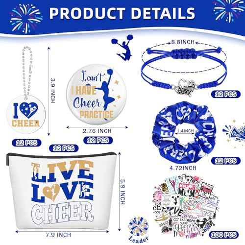 Lyrow 160 Pcs Cheerleader Gifts Bulk for Team Cheer Scrunchies Hair Ties Makeup Bag Cheer Mirror Bracelet Keychain Sticker for Back to School(Blue)