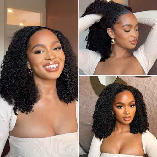 Kinky Curly Half Wig Human Hair 3 in 1 Glueless Wear And Go Human Hair Half Wigs For Women Seamless Flip Over Drawstring Headband Wig 180% Density Beginner Friendly 1B 20inch