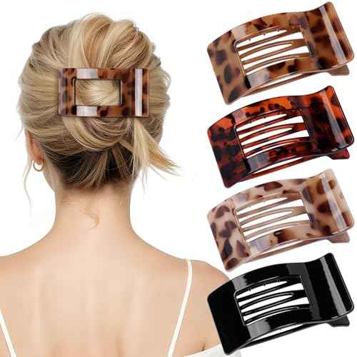 4 PCS Flat Hair Clips for Women - Stylish French Lay Down Flat Claw Clips for Thick Thin Hair, Comfortable Curved Large Flat Clips, Leopard Print Non-Slip Strong Hold Hair Accessories, Tortoise