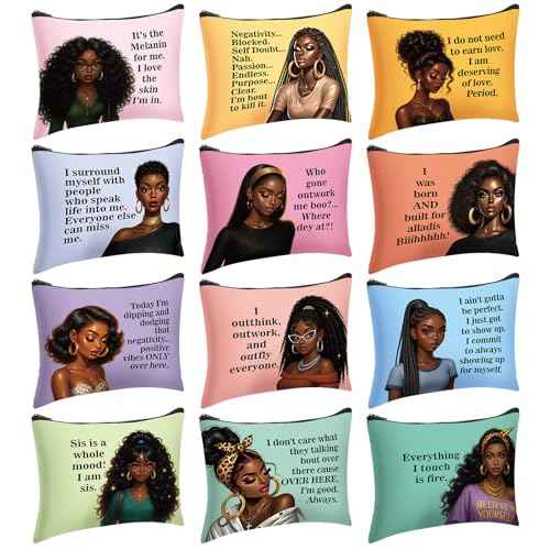 Silkfly 24 Pcs Christmas African American Gifts Black Girl Women Makeup Bag Cosmetic Bag Afro Queen Inspirational Canvas Toiletry Travel Organizer Pouches for Christmas Stocking Stuffers Party Favor