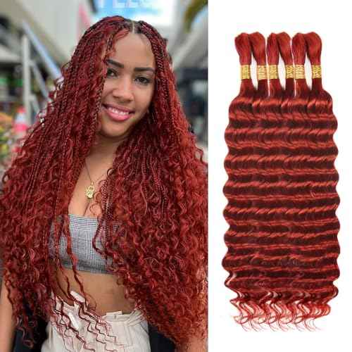 Human Braiding Hair for Boho Braids 150g 22 Inch Deep Wave Ginger Boho Braids Human Hair No Weft Boho Human Braiding Hair Curly 6 Bundles/Pack 350#