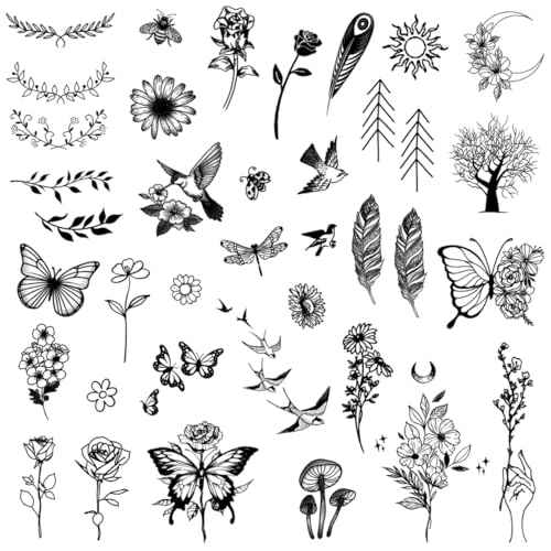One Grace Mini Nature Temporary Tattoos - Realistic Long Lasting Waterproof Tiny Tattoos - Black and White Butterflies Bird Flower Rose Tree Branch Boho Small Tattoos for Women and Men