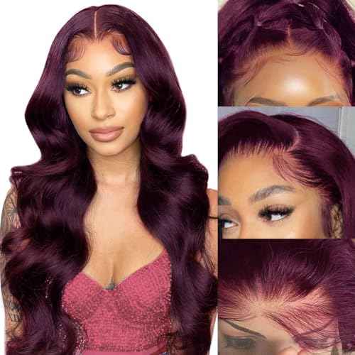 Burgundy Lace Front Wigs Human Hair Pre Plucked with Baby Hair Body Wave Lace Frontal Glueless Wigs Human Hair for Women 180% Density 13x4 Transparent HD Brazilian Virgin (26inch)