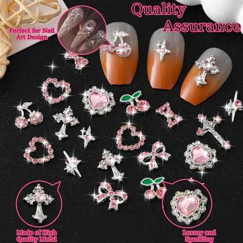 52PCS Pink and Silver Metal 3D Nail Charms Bulk, Bow, Heart, Cherry, Cross and Star Charms for Nails-Shiny Nail Rhinestones for Nail Art, Manicure, DIY Jewelry Making