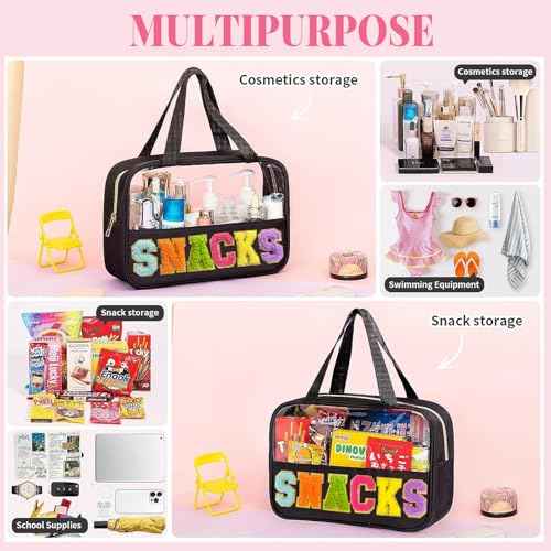 Chenille Letter Snacks Bag Clear Snack Bag Pouch with Handle and Zipper Waterproof Nylon Portable Travel Tote Makeup Bag for Women