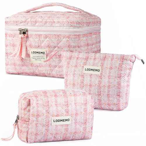 Makeup Bag 3 PCS Quilted Cosmetic Bags for Women, Large Travel Make up Bag Set Cute Cotton Toiletry Bag Organizer Pouch for Purse, Pink