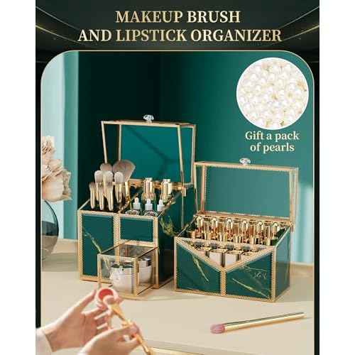 Makeup Organizer Countertop Set ? Vanity Holder with 18-Slot Lipstick Organizer & Covered Makeup Brush Holder ? Skincare, Perfume & Cosmetic Display for Bathroom or Dresser