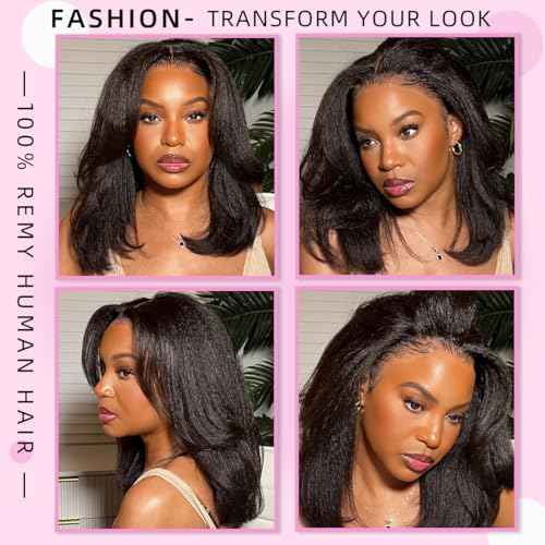 16 Inch Kinky Straight Human Hair Wigs, 13x4, 180% Brazilian Remy Hair, Yaki Lace Front Wig for Women