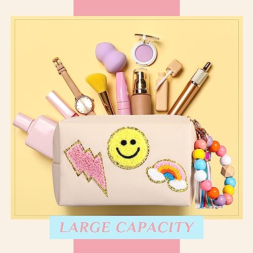 Sanwuta 4 Pcs Chenille Preppy Makeup Bag Portable Monogram Cosmetic Bag with Keychain Bracelet Pu Leather Waterproof Toiletry Bag Cute Pouches for Girl Women (Bright)