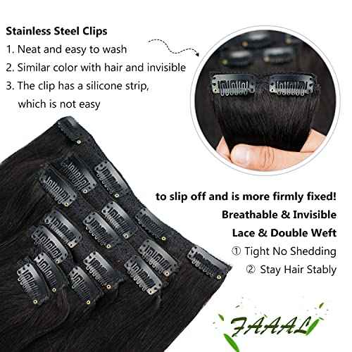 20" Clip in Human Hair Extensions Full Head 180g 7 Pieces 16 Clips Natural Black Double Weft Brazilian Real Remy Hair Extensions Thick Straight Silky (20" 180g, #1B)