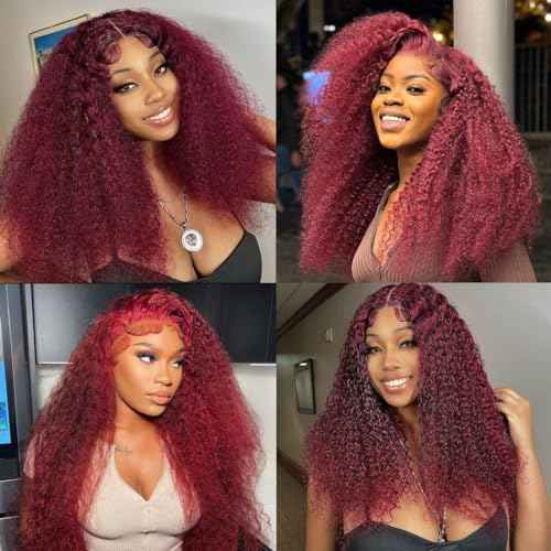 99J Burgundy Deep Wave Lace Front Wigs Human Hair 13x4 HD Lace Frontal Wigs Human Hair Lace Front Wigs Pre Plucked 99j Burgundy Deep Curly Wigs Human Hair Wigs For Women 180% Density 24 Inch