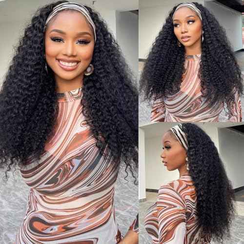Curly Headband Wig Human Hair 24 Inch Glueless None Lace Front Deep Curly Wig Wear and Go Wigs for Black Women Machine Made Headband Half Wigs 180% Density Natural Color