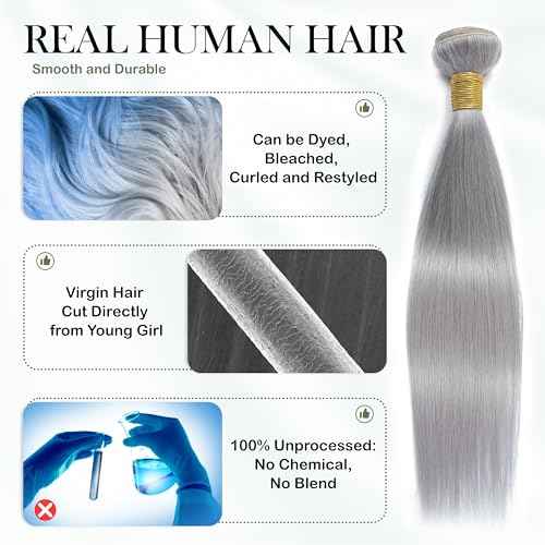 Grey Human Hair Bundles 14 16 18 Inch Straight Human Hair, 100% Unprocessed Virgin Remy Bundles Grade 12A Lavender Gray Color Sew In Quick Weave for Women