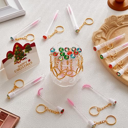 Upgrade 48 Pieces Disposable Mascara Wands Set, Include 24 Pcs Crystal Lash Spoolies Brush and 24 Pcs Reusable Keychain Christmas Holiday Gift Women Girls Makeup Tools