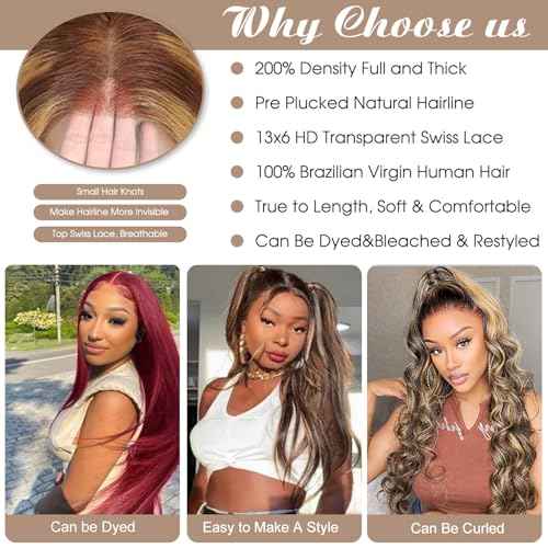 Honey Blonde Ombre Lace Front Wig Human Hair 13x6 HD Transparent Straight Lace Front Wigs Pre Plucked 200% Density 4/27 Colored Human Hair Wig for Women 24 Inch