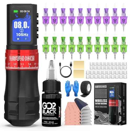 Wormhole Tattoo Gun Kit 2,300mAh Battery Professional Xtreme Tattoo Ink and 20 Tattoo Needles Smart Tattoo Pen Wireless Tattoo Machine Kit Multi-function Tattoo Pen Smart Display 7 Strokes Length