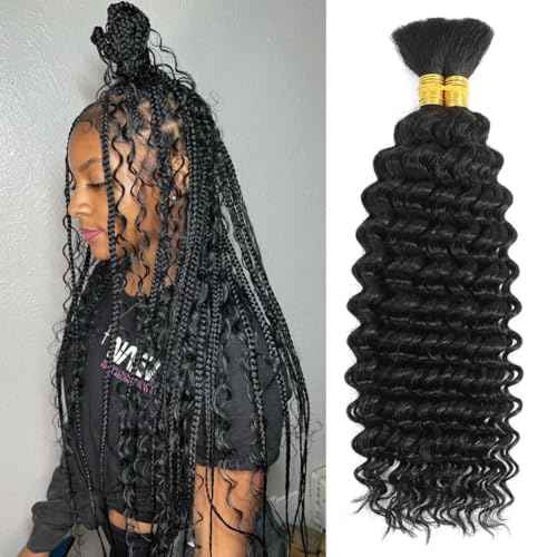 Human Braiding Hair for Boho Braids Bohemian Deep Wave Bulk 100% Human Hair for Braiding Wet and Wavy Human Hair for Boho Knotless Braids No Weft 2 Bundles 100g Hair Extensions Natural Color