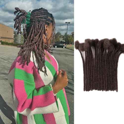 IXIMII Chocolate Brown Human Hair Dreadlock Extensions 0.4 cm 10 inch 20 Strands #4 Handmade Permanent loc Extensions with Needles and Comb Real Human Hair Dreads Extensions for Women Men Kids