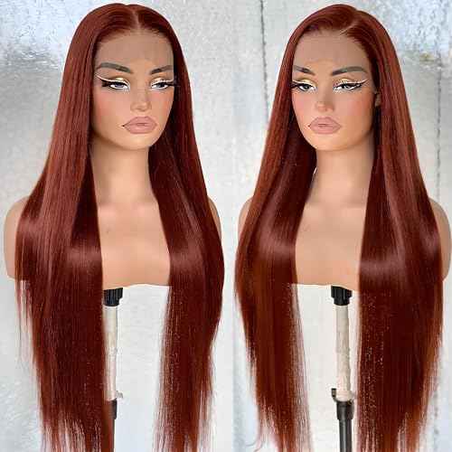 BlackSwern 13x6 HD Glueless Lace Frontal Wigs Pre-Plucked, 200 Density Ginger Similar Human Hair Synthetic Long Straight Lace Front Wig Ready to Wear, 26inch #Reddish Brown