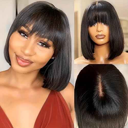 Short Bob Wig with Bangs for Black Women Human Hair Glueless Straight Layered 2x1 Transparent HD Lace Wigs Natural Black Color 16 Inch
