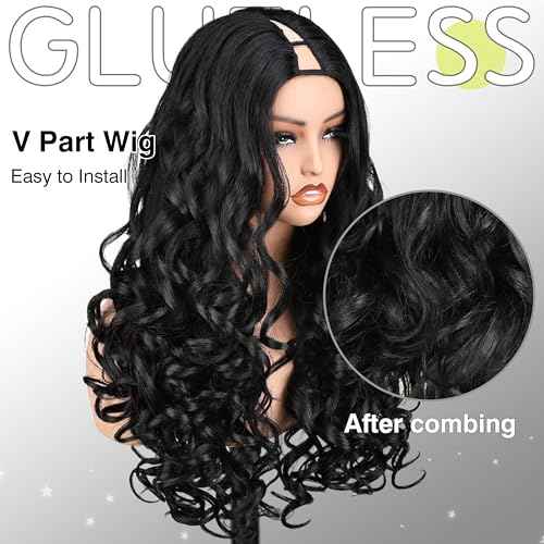 SOKU Long Curly V Part Wig 22 Inch Natural Black Curly Half Wig Upgrade U Part Synthetic Hair Daily Wigs Ready to Wear Glueless for Black Women