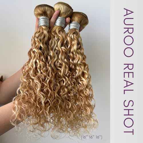 27/613 Highlighted Multi-Blonde Bundles Human Hair Water Wave, 13A Grade Ombre Blonde Human Hair Wet n Wavy Curly 3 Bundles 100% Raw Brazilian Silky Colored Hair Weaves Extension 10/12/14 Inch