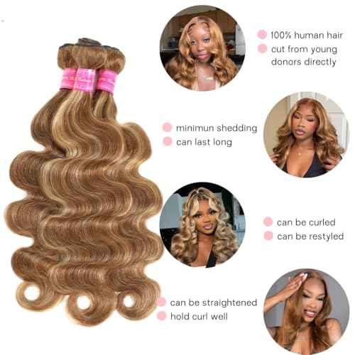 Ombre Brown Highlight Body Wave 3 Bundles with 4x4 Closure Human Hair HD Lace Free Part Soft and Glossy 12A Blonde P4/27 Color 100% Human Hair Bundles with Closure 16 18 20+14 Inch