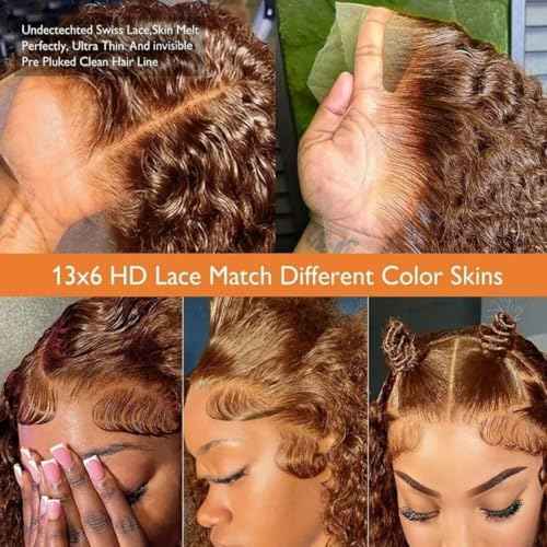 28 Inch Chocolate Brown Deep Wave Lace Front Wigs Human Hair Pre Plucked 200% Density 13x6 HD Lace Frontal Wigs with Baby Hair Deep Curly Wet and Wavy Glueless Wigs for Women (4# Brown, 28 Inch)