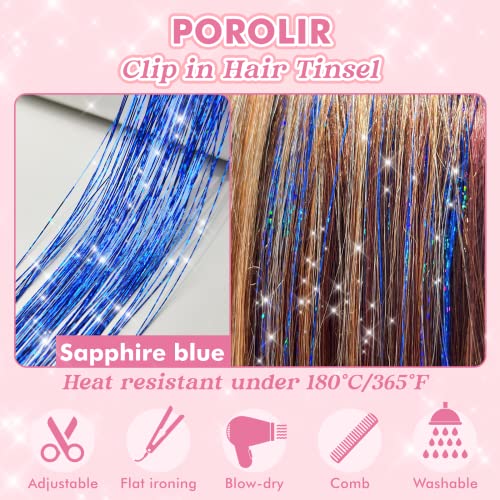 Clip in Hair Tinsel Kit, POROLIR 6Pcs Glitter Fairy Tinsel Hair Extensions 20 Inch Shiny Hair Tinsel Heat Resistant, Sparkly Strands Hair Accessories, Festival Gift for Women Girls Kids, Sapphire Blue