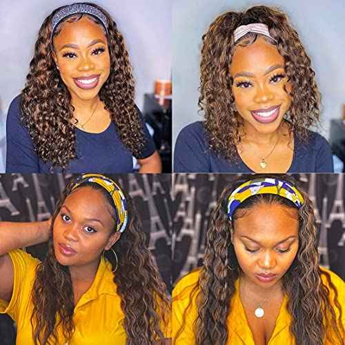 Highlight Deep Wave Wigs Human Hair 24 Inch Ombre Curly Headband Wig Human Hair Wigs for Black Women Human Hair Non Lace Front Wigs Brazilian Virgin Hair Brown Glueless Wear and Go Wigs Blonde