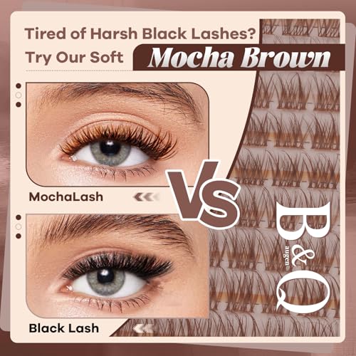 B&Q Brown Lash Clusters Kit Natural Mochalash 01, Wispy Eyelash Clusters Kit C-Curl Cluster Eyelash Extensions 8-16mm Fake Eyelashes Lash Extension Kit for Everyday Beginner Friendly(Mochalash 01 Set)