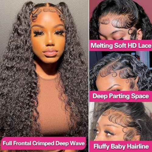 XVE 13x4 Deep Wave Wig Human Hair Pre Plucked 200% Density Wet And Wavy Human Hair Wigs For Women Transparent Lace Frontal Curly Wigs Brazilian Hair Glueless Wigs Natural Black Color 24 Inch