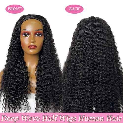 Curly Half Wig Human Hair 180% Density Deep Wave Glueless Wigs Upgrade 3 In 1 Wigs Beginner Friendly Seamless Flip Over Drawstring Curly Wig Ready to Go Headband Wig Natural Black Color 18 Inch