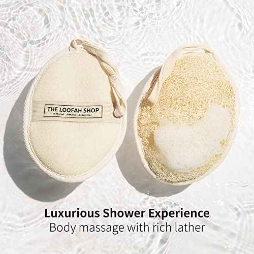 The Loofah Shop Bath Loofah Sponge, Exfoliating Body Scrubber, Shower Luffa for Men, Women and Kids Made of Eco-Friendly Natural Egyptian Loofah with Cotton Travel Pouch, 7" x 5.25" (2pack 4pcs)