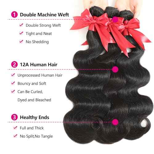 12A Human Hair Bundles with Frontal 18 20 22 with 16 Inch Brazilian Body Wave 3 Bundles Human Hair with 13x4 HD Lace Frontal Closure 100% Unprocessed Virgin Human Hair Weave