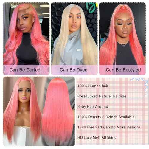 Pink Lace Front Wig Human Hair 24 Inch 13x4 Cotton Candy Straight HD Lace Frontal Wig Pre Plucked With Baby Hair Bubblegum Lace Closure 180 Density for Women