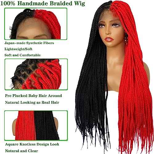 Braided Wigs for Black Women 9x6inch Double Lace Front Square Knotless Box Braid Wig Pre Plucked with Baby Hair Synthetic Hand Braiding Hair Wigs Cornrow Braids 36 Inch