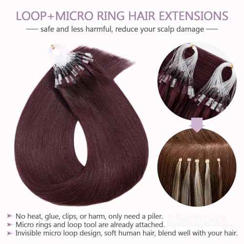 Benehair Micro Loop Hair Extensions Real Human Hair Wine Red Microlink Hair Extensions Human Hair 24inch Micro Link Hair Extensions for Women Invisible Natural Hair Extensions Add Volume