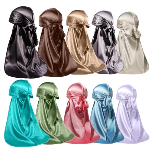 ForceWave 10 Pieces Silky Durags Long Tail for Women Men Satin Durag 360 Wave£¬Dorag, 10 Pieces