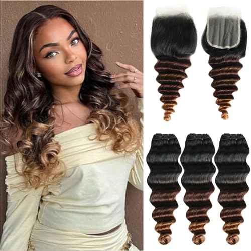 10A Human Hair Bundles With Closure Ombr? Loose deep Wave Bundles (T1B/2/4,14 16 18+14) Ombre Brazilian Raw Human Hair Virgin Remy Loose Wave Hair 3 Tone Black to Brown